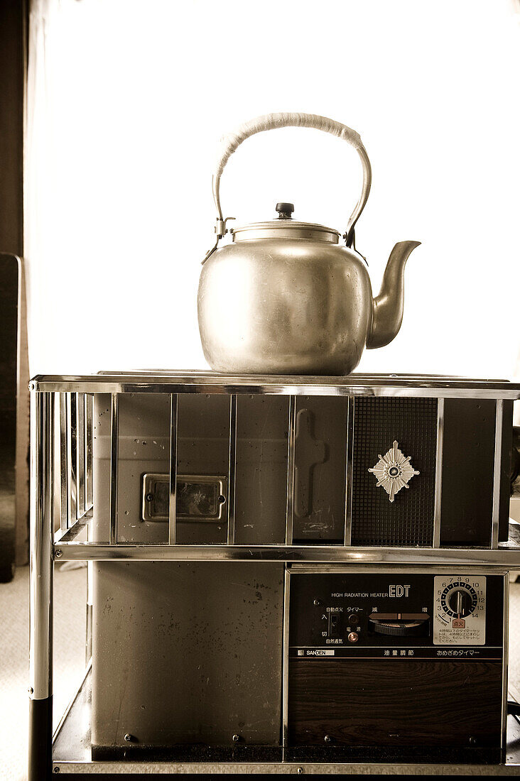 Teapot made of aluminium on electric cooker, Hokkaido, Japan, Asia