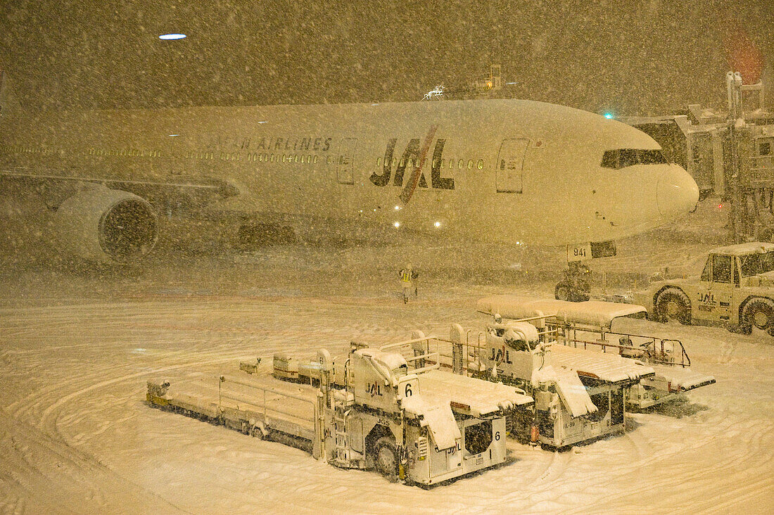 Flugzeug auf dem Flughafen bei Schneefall am Abend, Sapporo, Hokkaido, Japan,  Asien