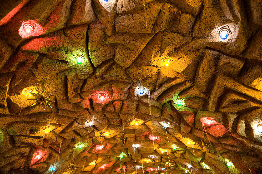 View at colourful fairy lights at the ceiling of the Grottenbahn, Linz, Upper Austria, Austria