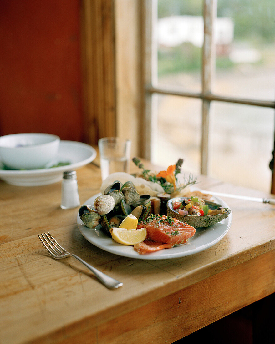 Kaimoana Fischplatte im Restaurant Fleurs Place, Moeraki, Ostküste, Südinsel, Neuseeland