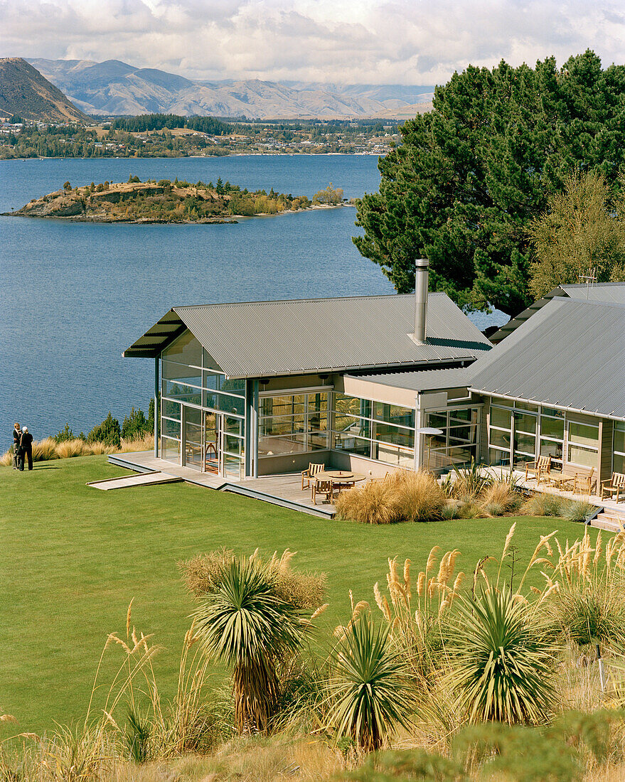 Buildings of the luxury Whare Kea Lodge at Lake Wanaka, Wanaka, Central Otago, South Island, New Zealand
