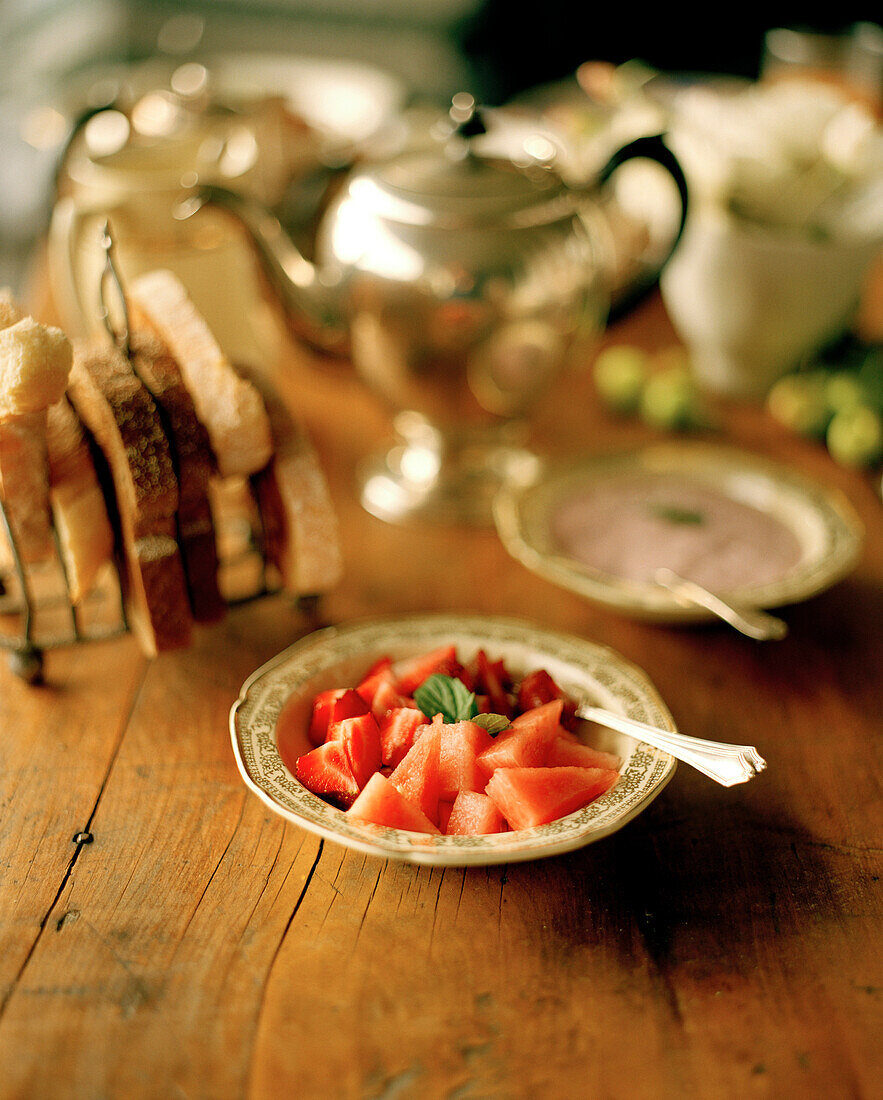 Strawberries and watermelon on a plate, Rowendale Homestead, Okains Bay, Banks Peninsula, South Island, New Zealand