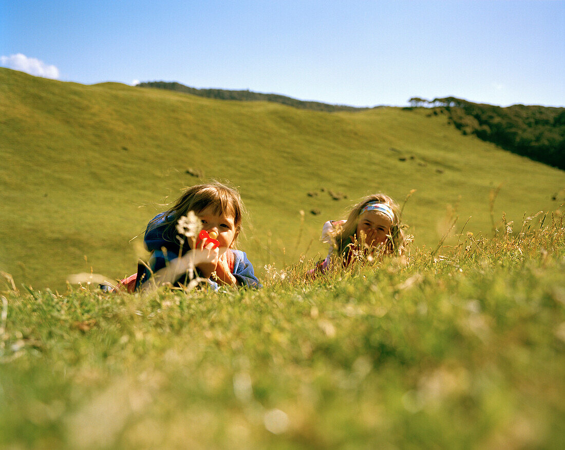Kinder spielen auf einer Wiese im Sonnenlicht,  Nordwestküste, Südinsel, Neuseeland