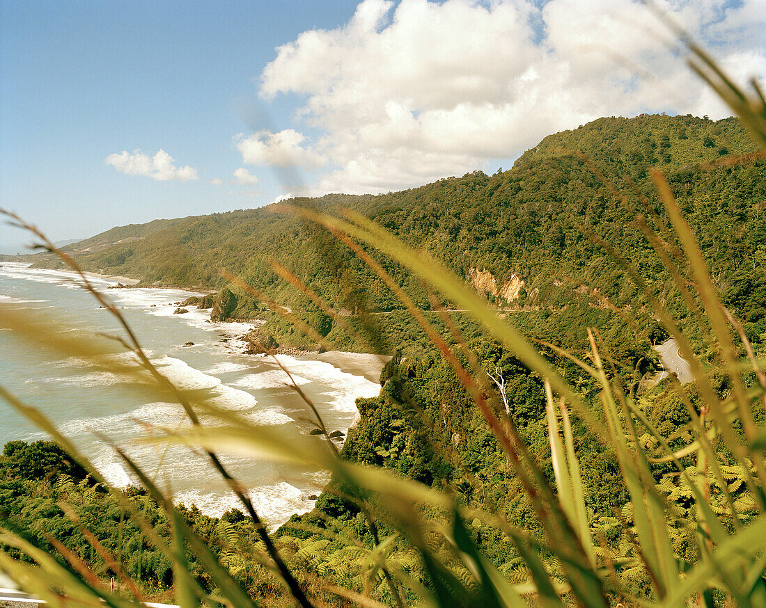 Blick auf Westküstenhighway Nr. 6 entlang der Paparoa Bergkette, Paparoa Nationalpark, Südinsel, Neuseeland