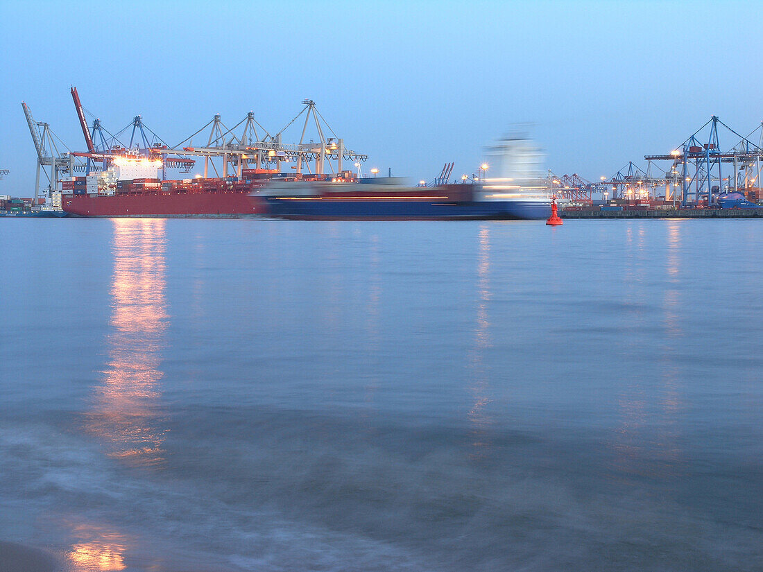 View over river Elbe to container port, Hamburg, Germany