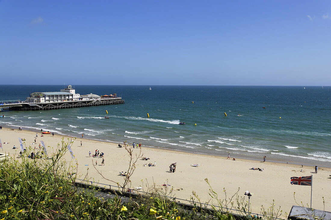 Beach and pier with Pier Theatre, Bournemouth, Dorset, England, United Kingdom