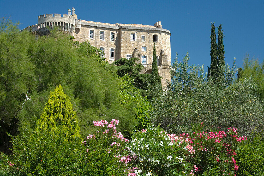 The castle Chateau Suze-la-Rousse behind blooming bushes and trees, Drome, Provence, France