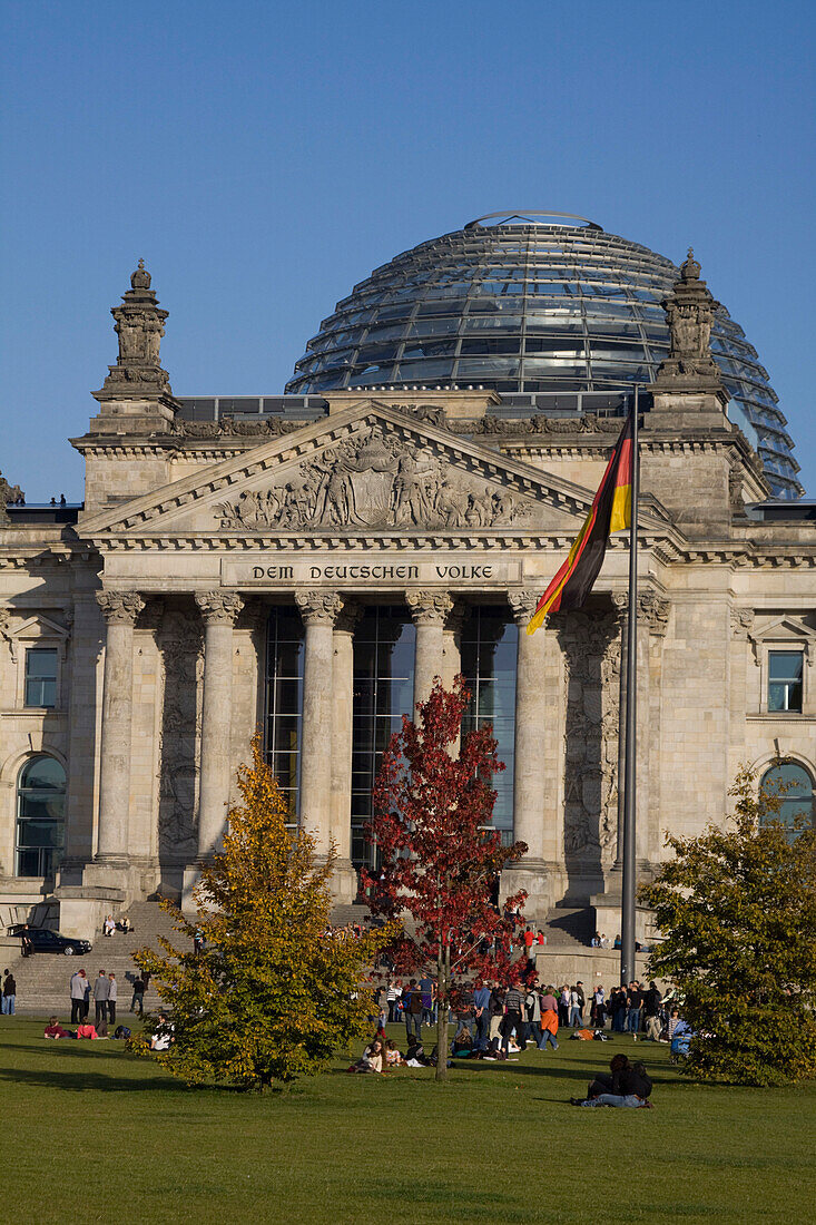 Berlin, Reichstag building with dome by Norman Forster, outdoors