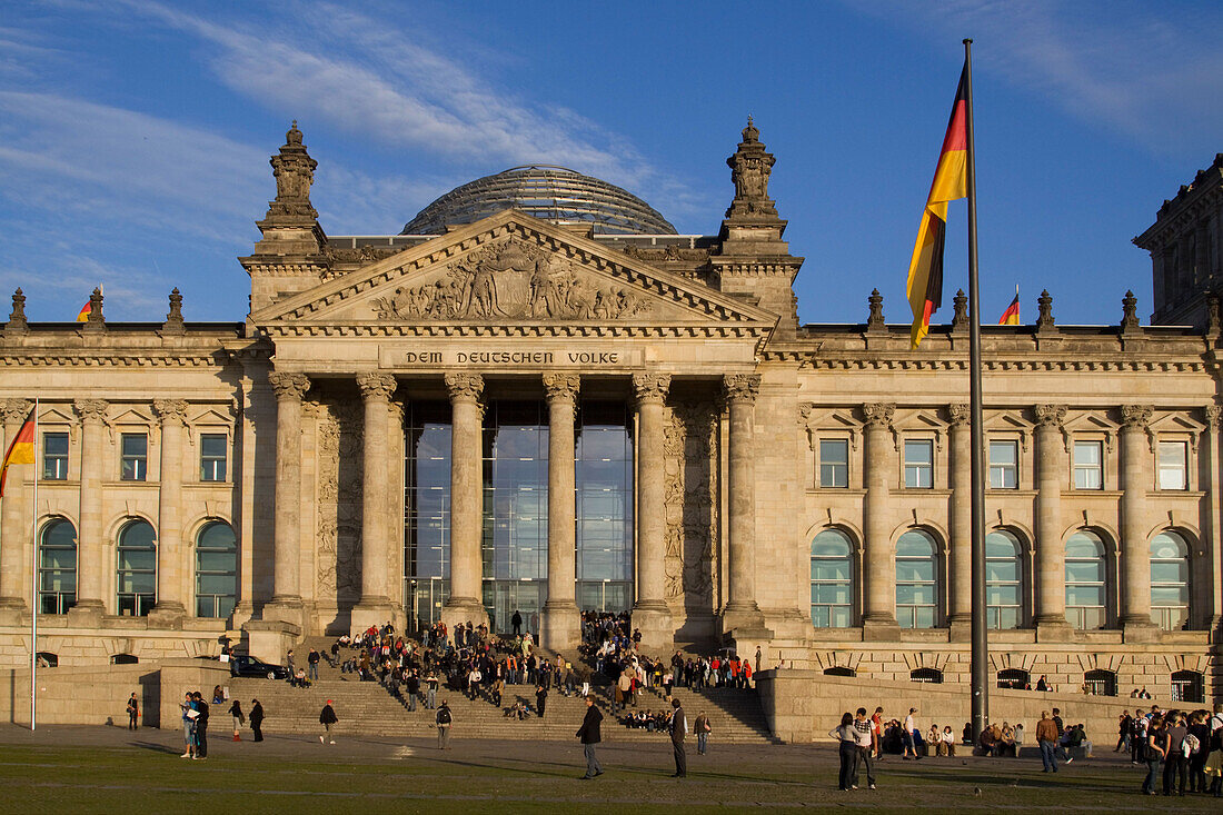 Berlin, Reichstag building with dome by Norman Forster, outdoors