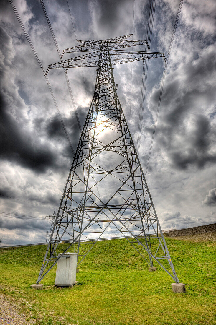 Cloudy Sky and Electricity Pylon, Germany, Munich, Bavaria