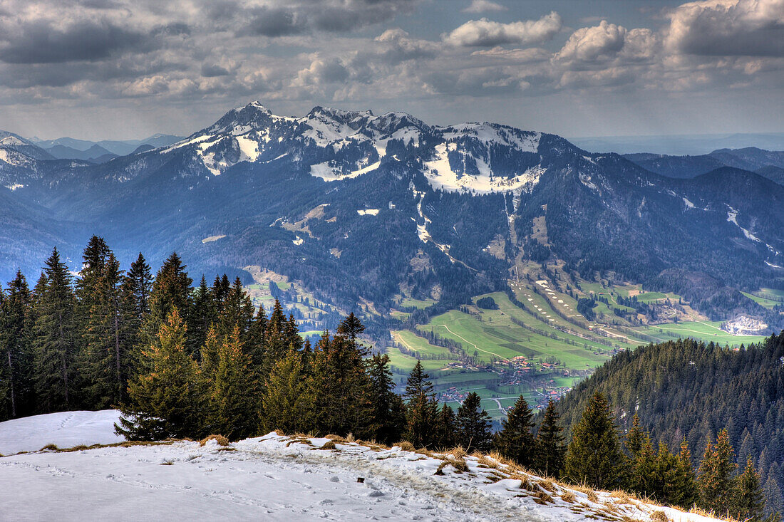 View from the Lenggrieser Lodge to Bavarian Alps, Germany, Mangfall Mountains, Bavaria