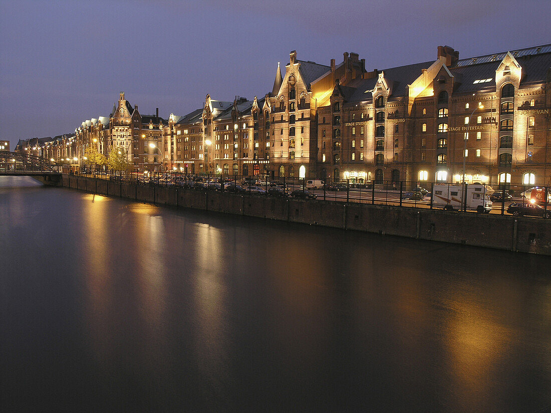 Speicherstadt (storehouse-town) at night, Hamburg, Germany
