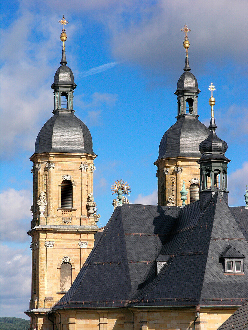 Detail of the Basilica Gössweinstein under grey clouds, Franconia, Bavaria, Germany