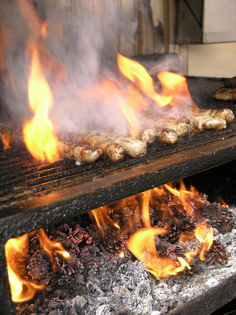 Grill mit Coburger Rostbratwürsten, Coburg, Franken, Bayern, Deutschland