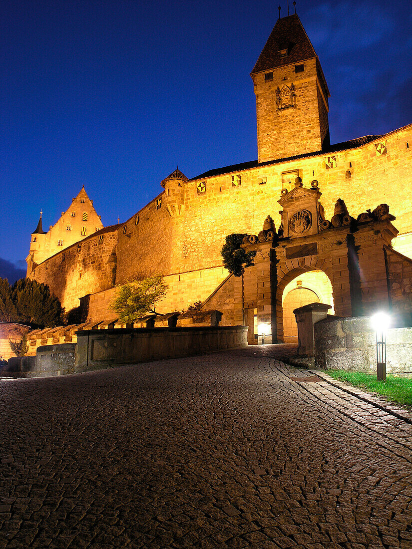 The illuminated Coburg fortress at night, Coburg, Franconia, Bavaria, Germany