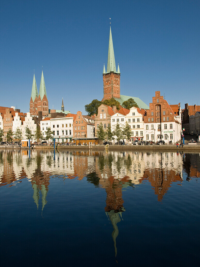 The Old Town at the river Trave under blue sky, Hanseatic City of Lübeck, Schleswig Holstein, Germany