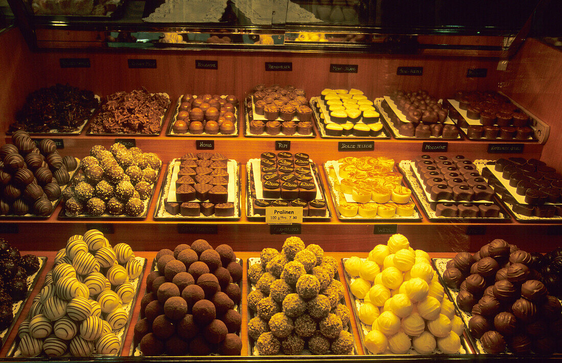 Handmade chocolate in a confectionary in the town of Scuol, Lower Engadine, Engadine, Switzerland