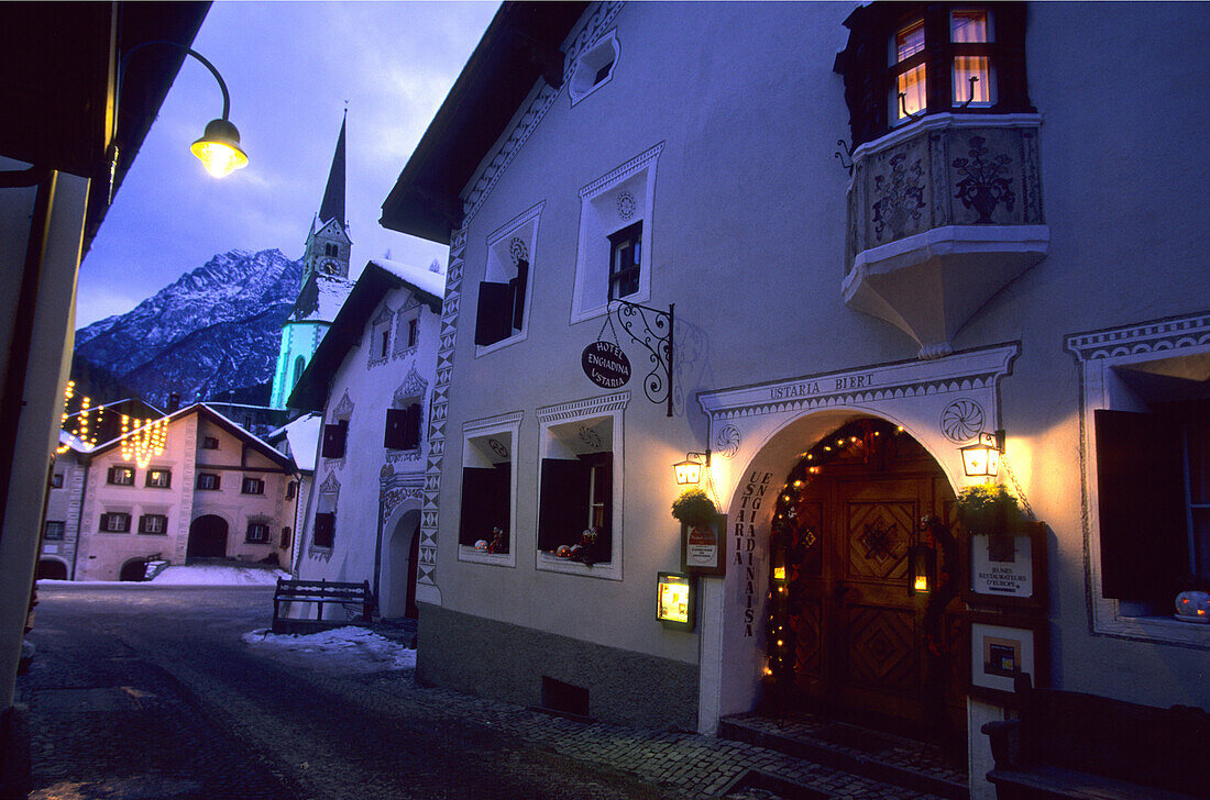 Street in the old town of Scuol, Lower Engadine, Engadine, Switzerland