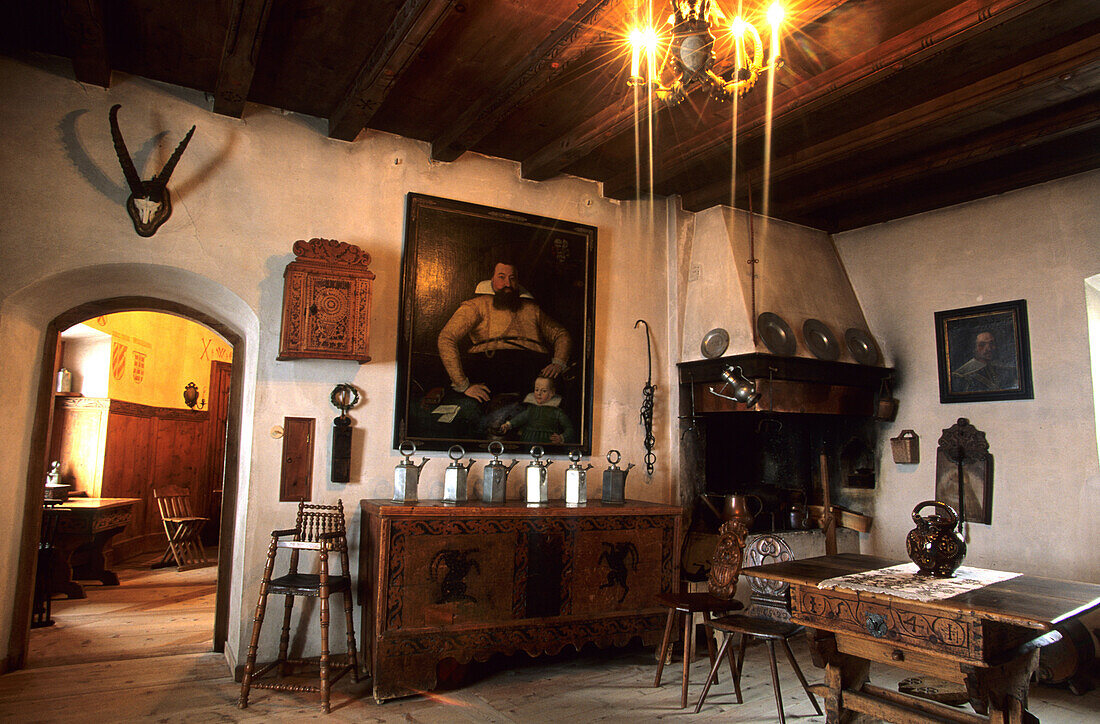 Room in the interior of Tarasp Castle, Lower Engadine, Engadine, Switzerland
