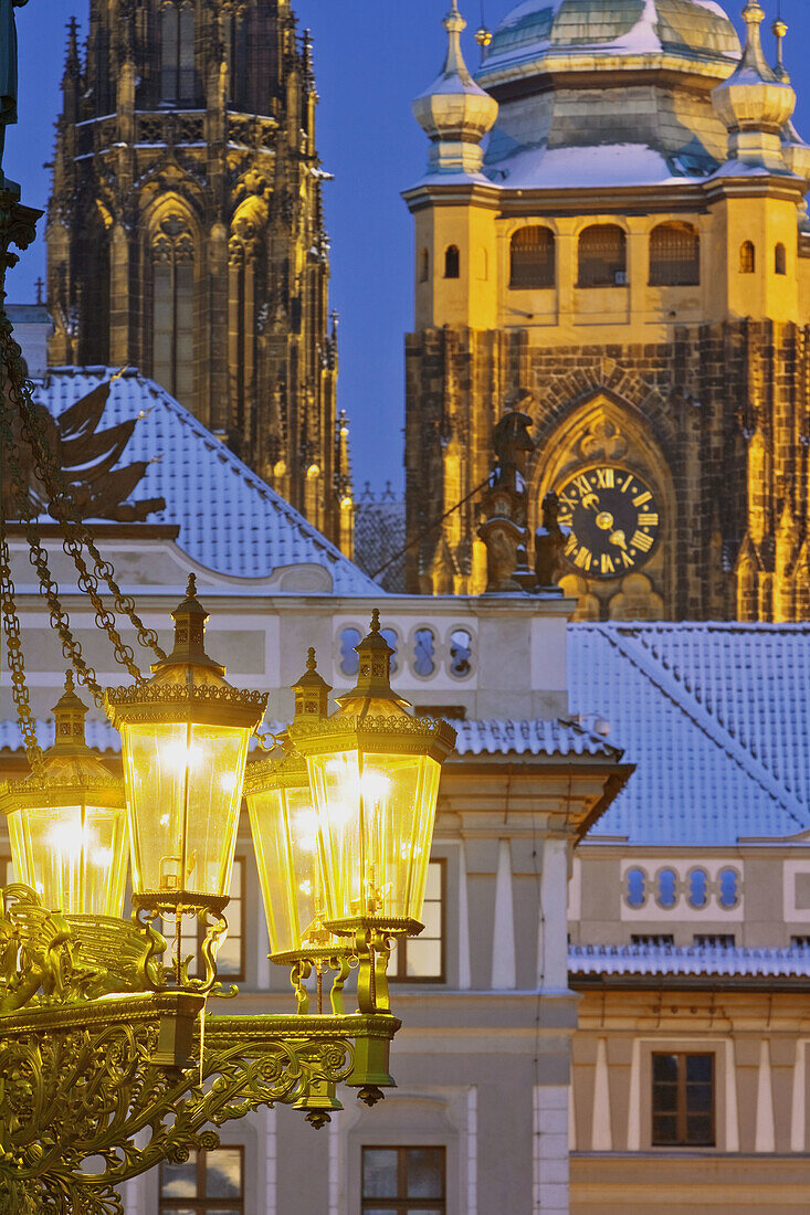 Gas lantern at Hradcany castle and St. Vitus cathedral, Prague. Czech Republic