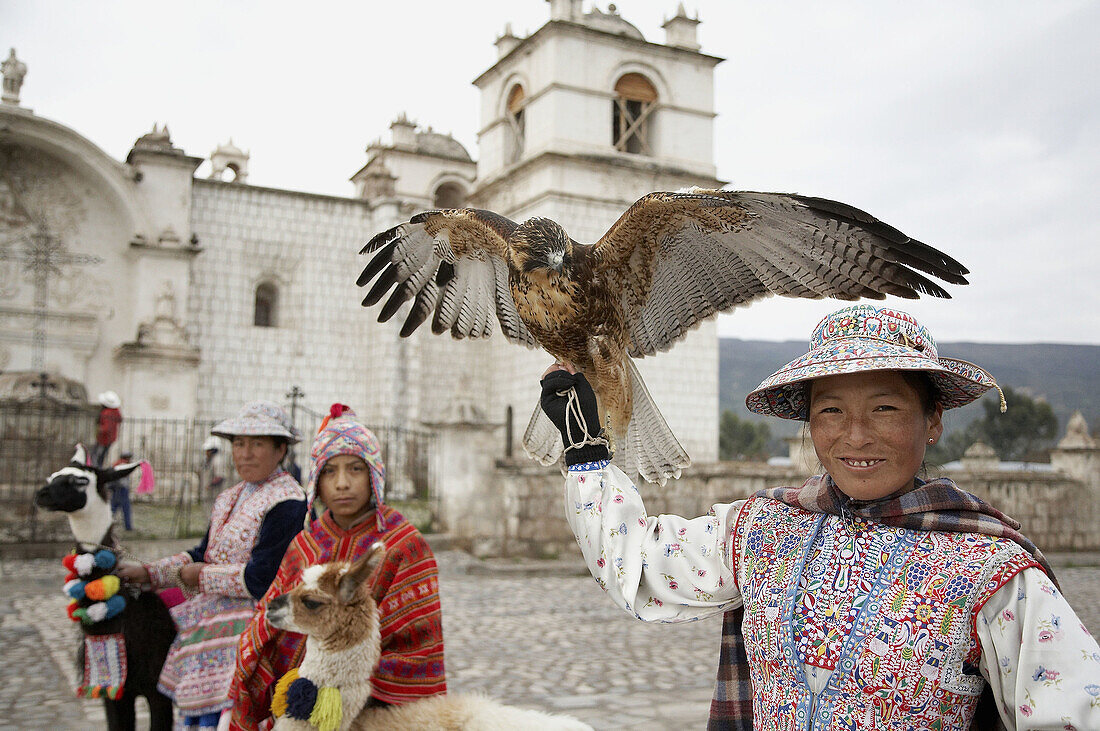 Woman with eagle, Yanque, Colca Canyon, Peru