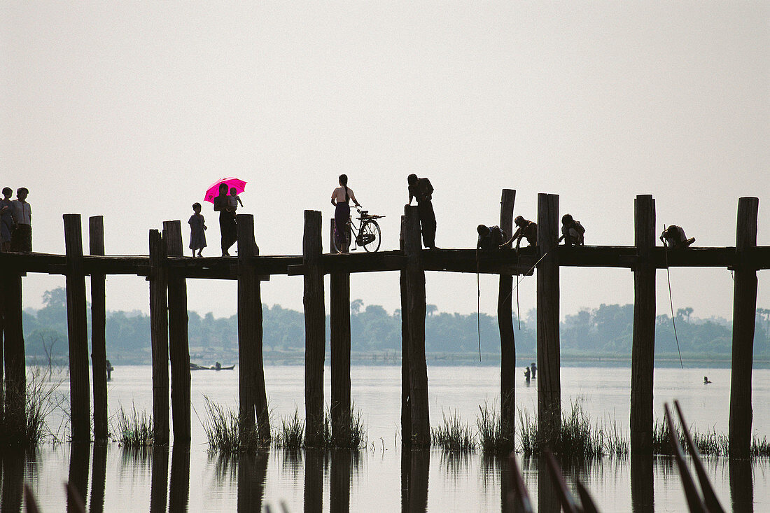 U Bein Bridge over Thaungthaman Lake. Mandalay Division, Myanmar (Burma)