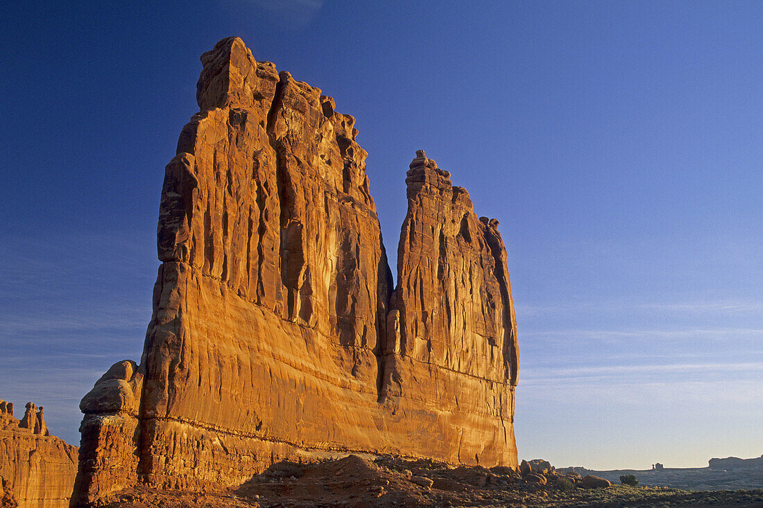 Morning light on Courthouse Towers, Arches National Park, Utah, USA