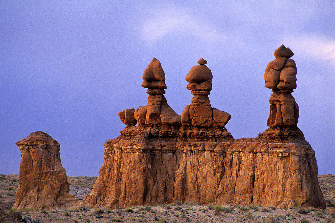 Eroded rock forms at sunset at Goblin Valley State Park, near the San Rafael Swell region, Utah, USA
