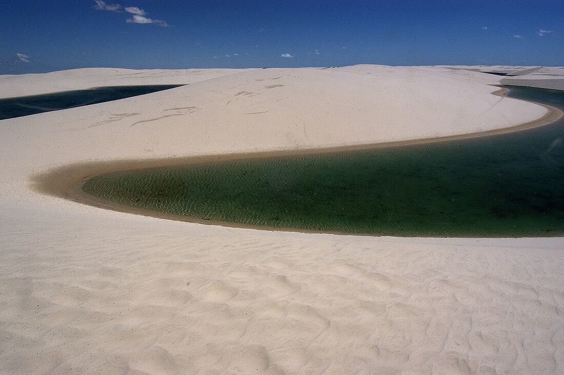 Aerial image of rain ponds in between sand dunes, Lencois Maranhenses, Maranhao, Brazil