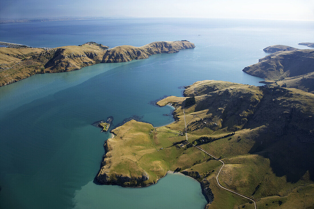 Purau Bay (bottom left), and Godley Head (top) Lyttelton Harbour, Canterbury, South Island, New Zealand
