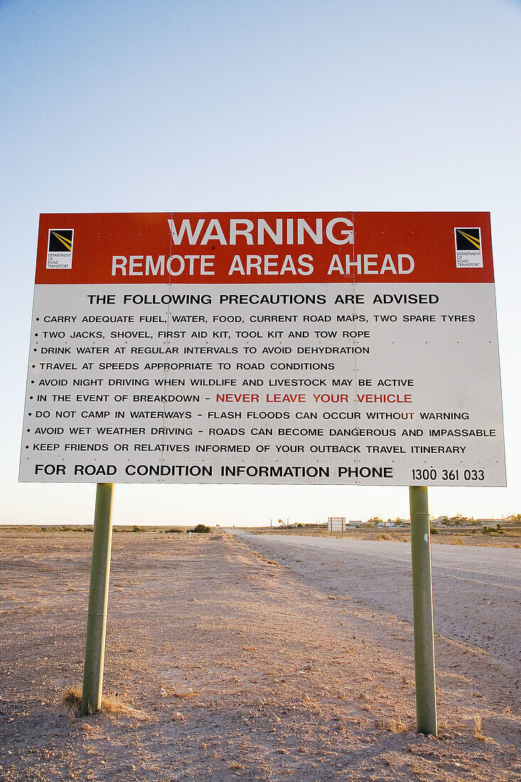 Remote Area Warning Sign, Coober Pedy, Outback, South Australia, Australia