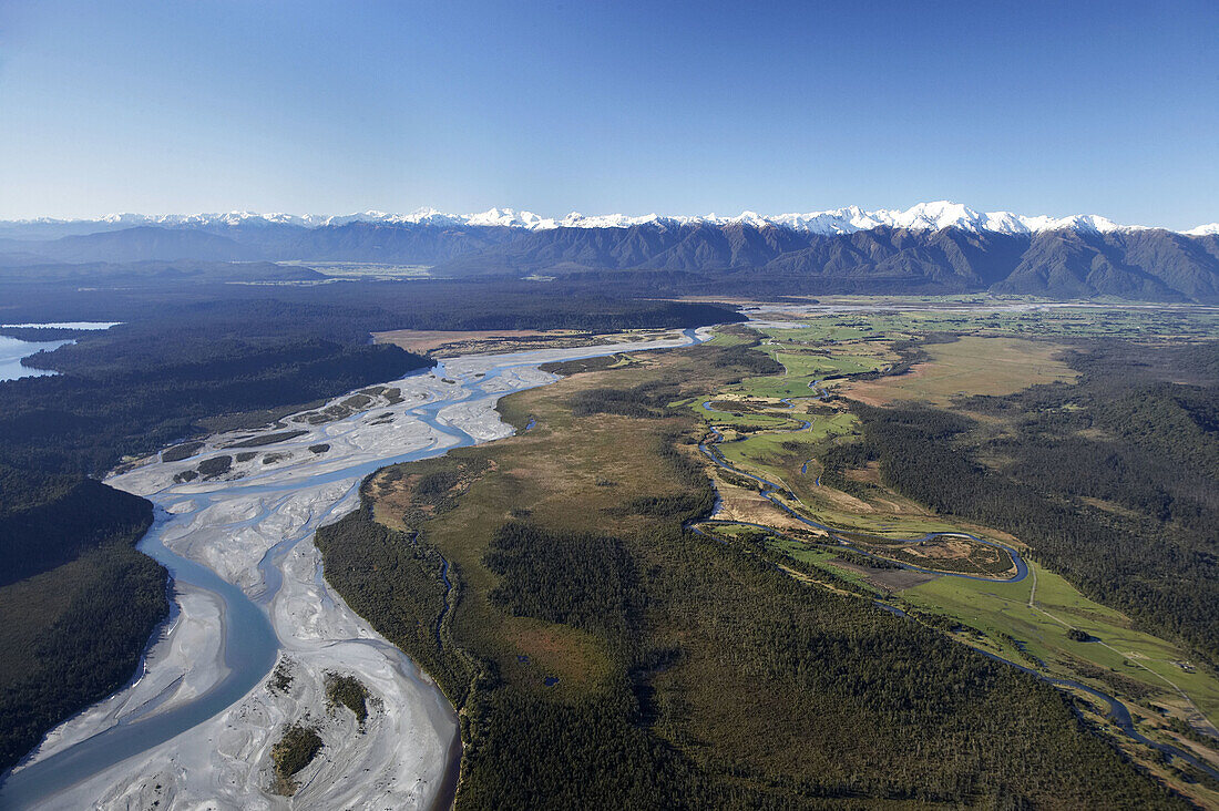 Whataroa River and Southern Alps, West Coast, South Island, New Zealand - aerial