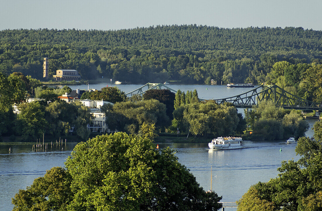 View over river Havel with Church of the Redeemer and Glienicke Bridge, Potsdam, Brandenburg (state), Germany