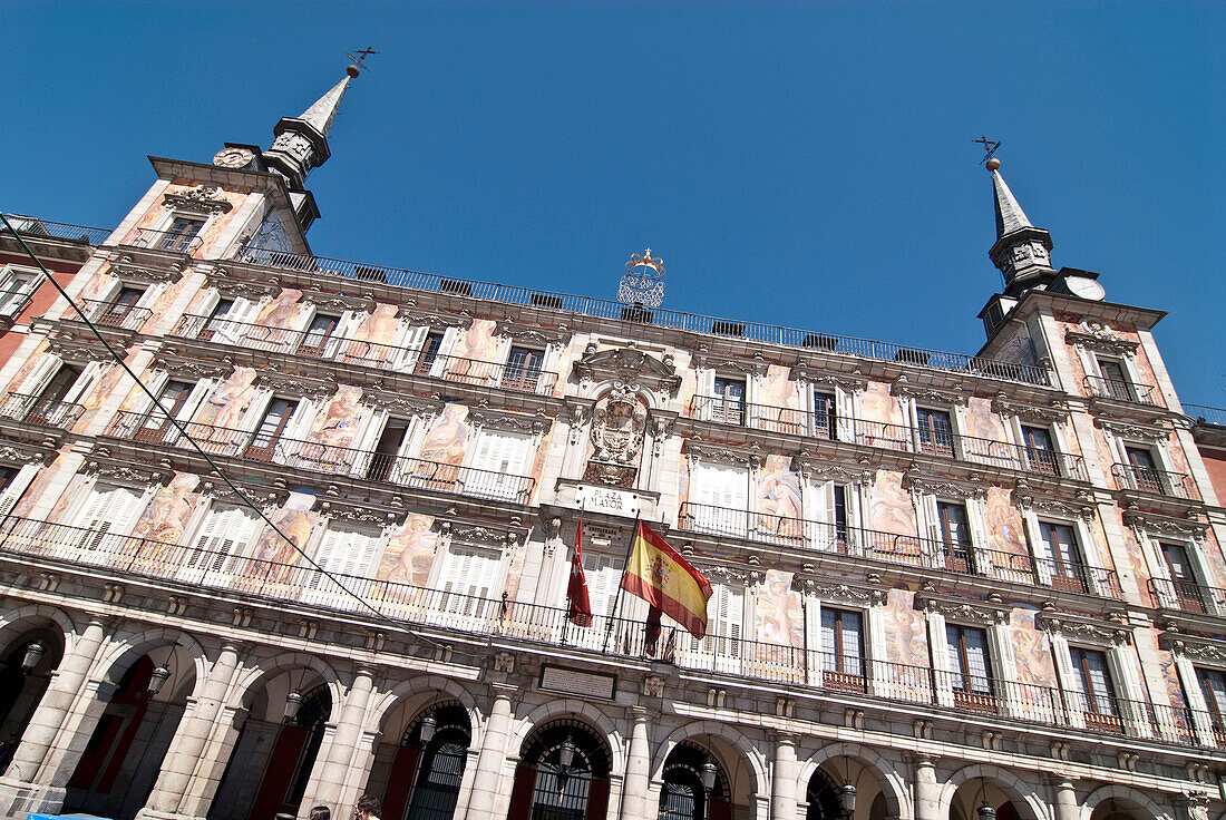 Casa de la Panaderia with painted facade, used to house the offices of the bakers guild, Plaza Mayor, Madrid, Spain