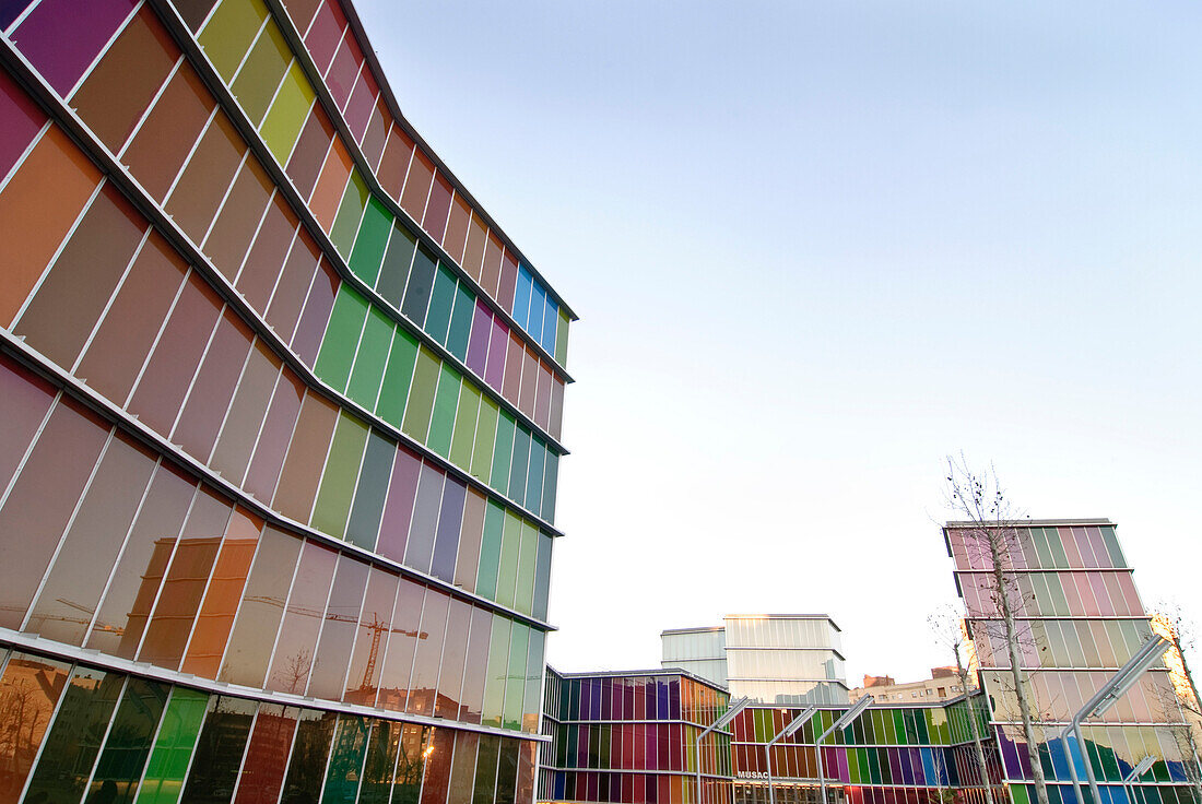 Art Museum, multicolored glass panels in the MUSAC facade, Museo de Arte Contemporáneo de Castilla y León, MUSAC, Leon, Castile and Leon, Spain