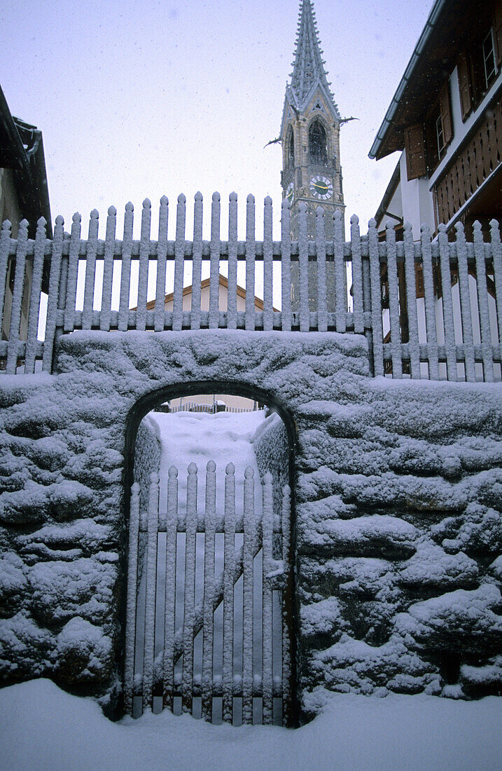 Snow covered gate, Sent, lower Engadine, Engadine, Grisons, Switzerland