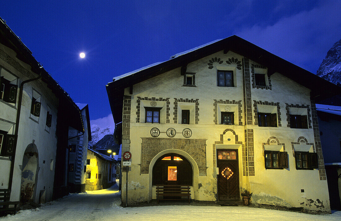 House at night, Scuol, Lower Engadine, Engadine, Grisons, Switzerland