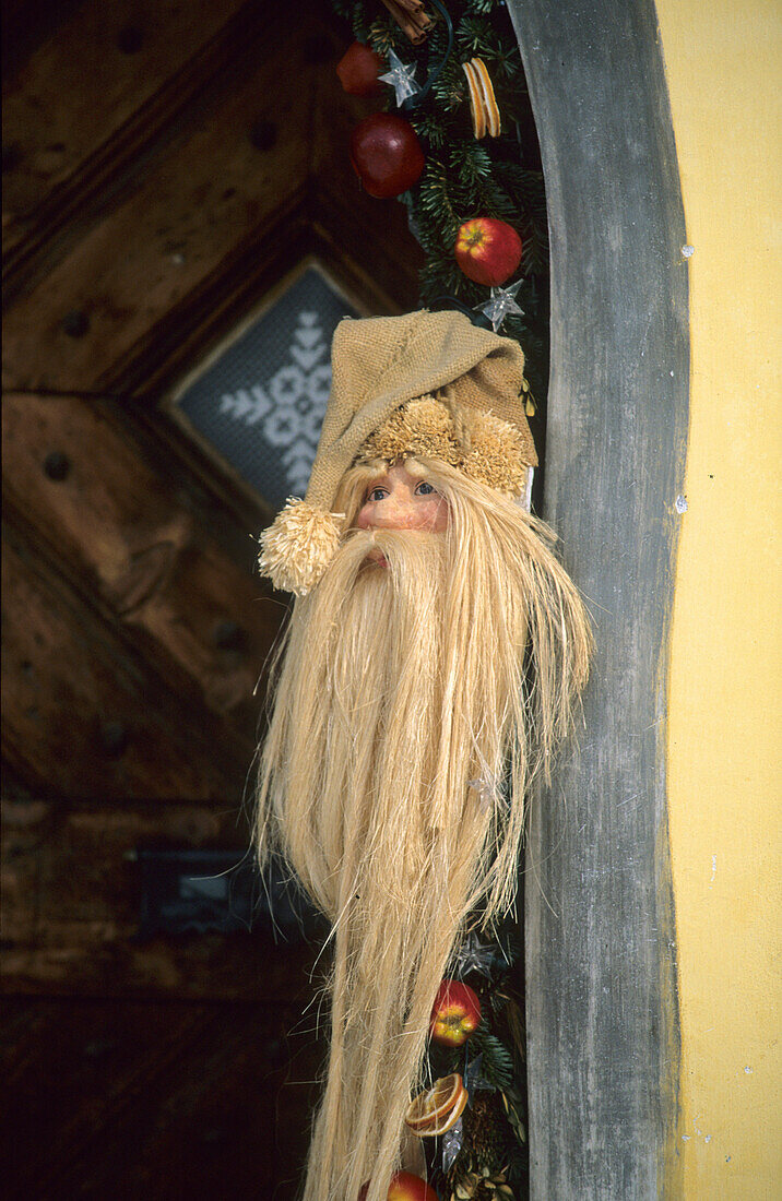 Traditional Christmas decoration in the old town of Scuol, Lower Engadine, Engadine, Switzerland