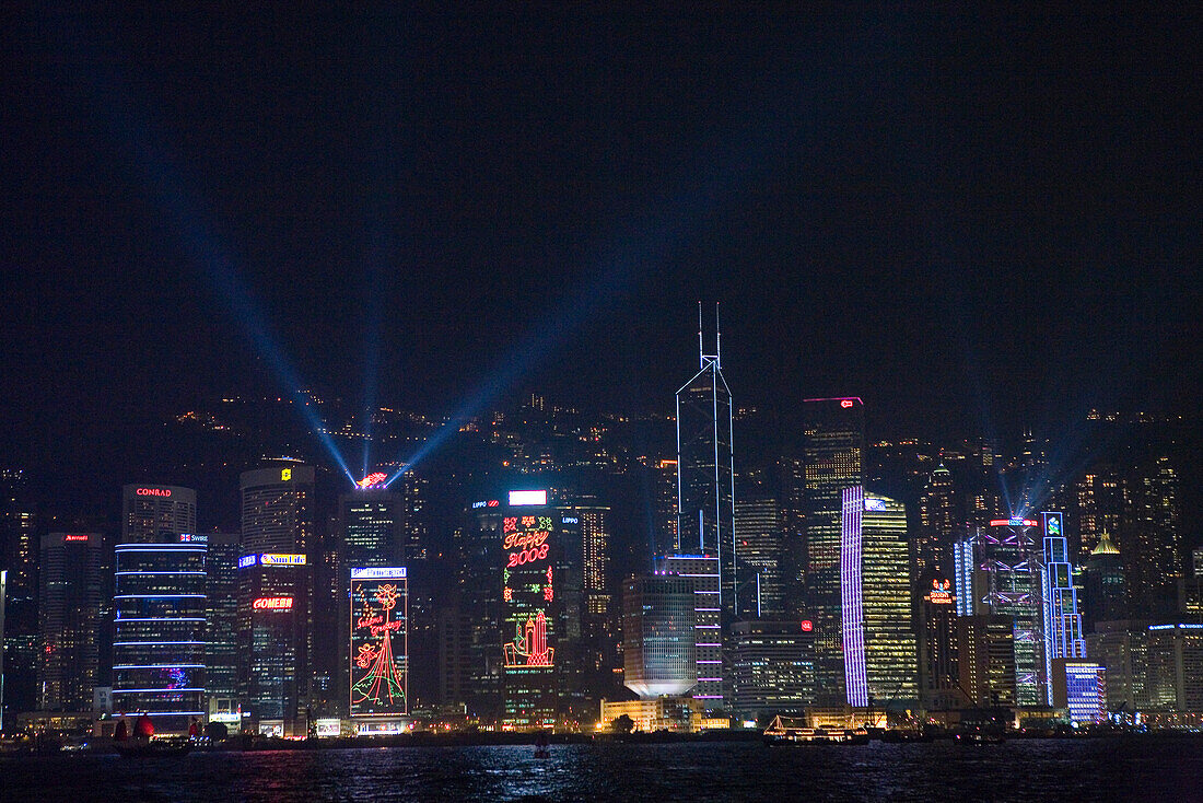 Lasershow above the Skyline of Hong Kong Island at night, Central District, Hong Kong, China, Asia