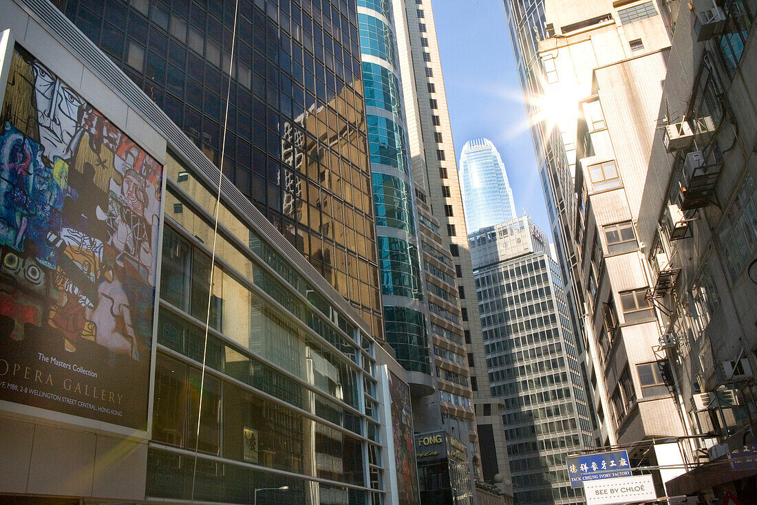 View at the high rise buildings at Wyndham Street at Chung Wan, Central District, Hong Kong Island, Hong Kong, China, Asia