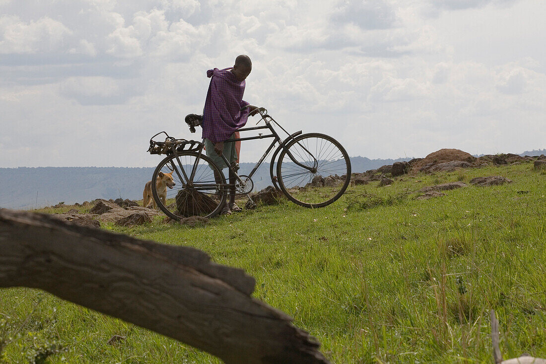 Ein Massai mit Fahrrad und Hund in der Masai Mara, Naturschutzgebiet und Tierschutzgebiet, Kenia, Afrika