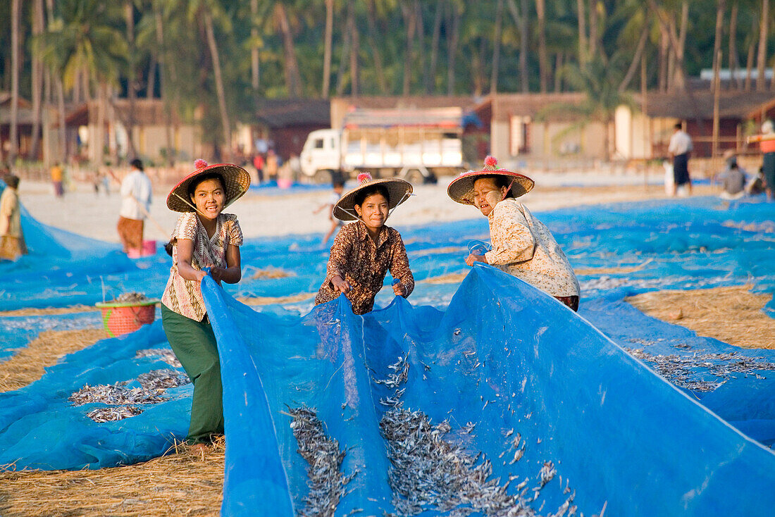 Frauen trocknen Fisch am Strand in einem Fischerdorf bei Ngapali Beach, am Golf von Bengalen, Rakhine-Staat, Myanmar, Burma