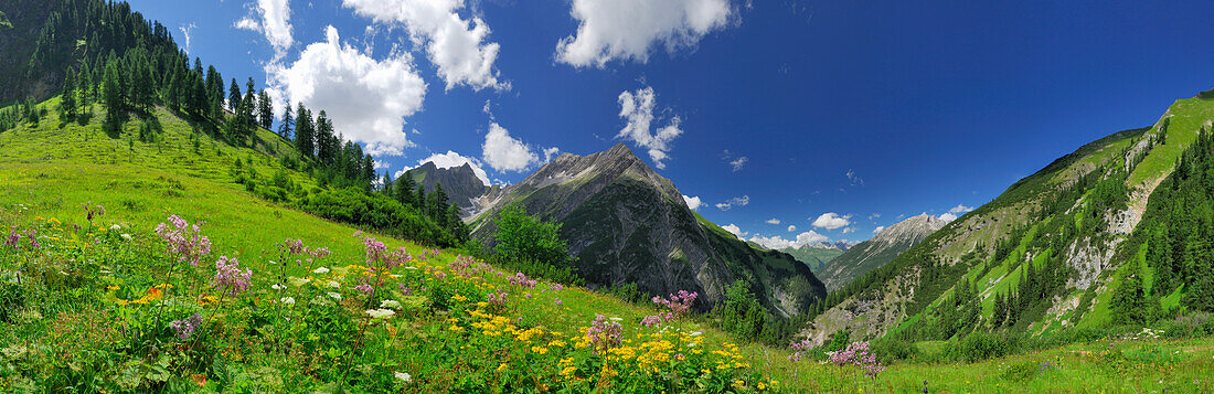 Panoramic view of Lechtal range, Allgaeu range in background, Tyrol, Austria