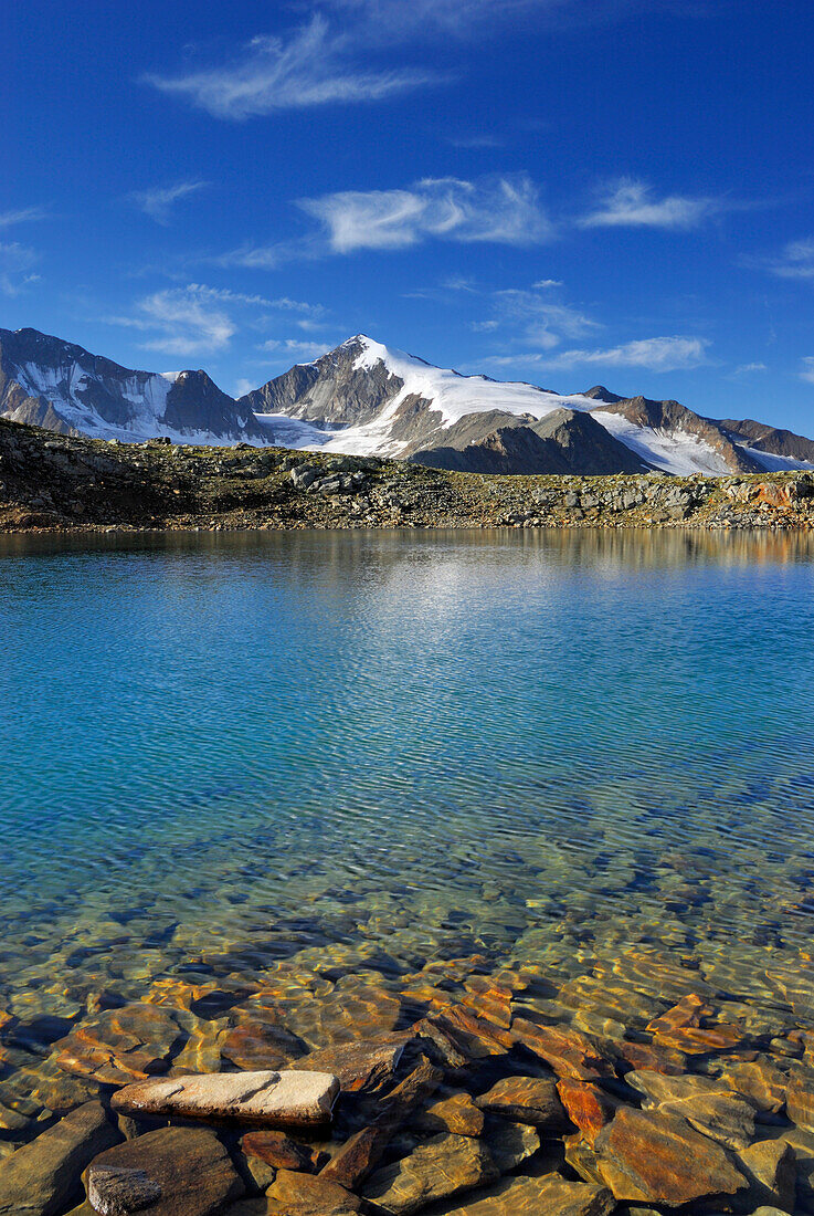 Samoarsee mit Similaun, Aufstieg zur Kreuzspitze von der Martin-Busch-Hütte, Ötztaler Alpen, Tirol, Österreich