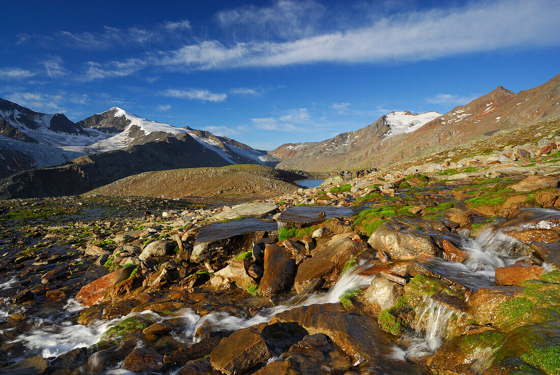 Bachlauf am Samoarsee, Similaun und Hauslabkogel im Hintergrund, Aufstieg zur Kreuzspitze von der Martin-Busch-Hütte, Ötztaler Alpen, Tirol, Österreich