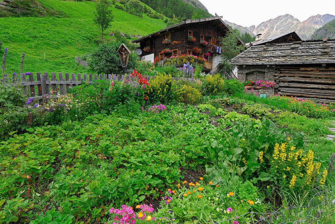 Bauerngarten und Berggasthof Jägerrast, Pfossental, Texelgruppe, Ötztaler Alpen, Südtirol, Italien