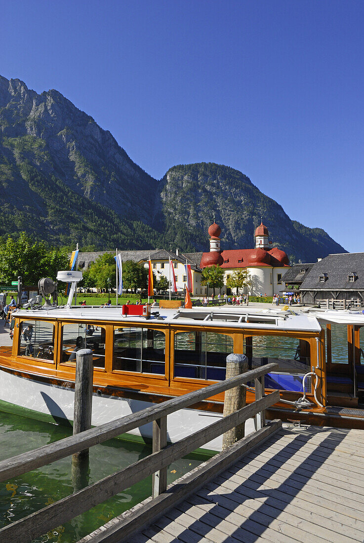 Excursion boat at landing stage, St. Bartholomew, King's Lake, Berchtesgade, Upper Bavaria, Bavaria, Germany