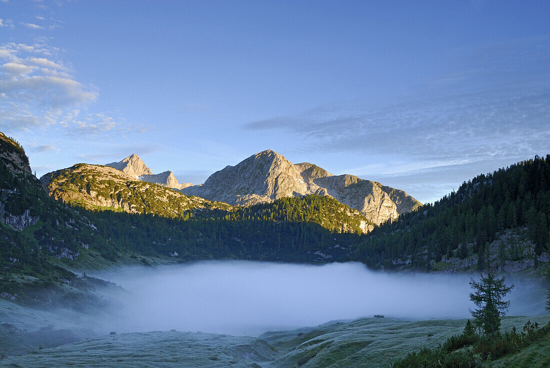 Fog bank above lake Funtensee, National Park Berchtesgaden, Berchtesgaden, Upper Bavaria, Bavaria, Germany