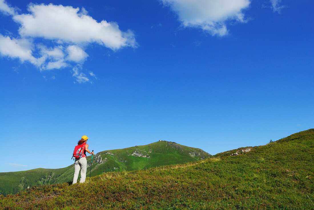 Junge Frau auf dem Weg zum Statzer Haus auf dem Hundstein, Salzburger Schieferalpen, Salzburg, Österreich