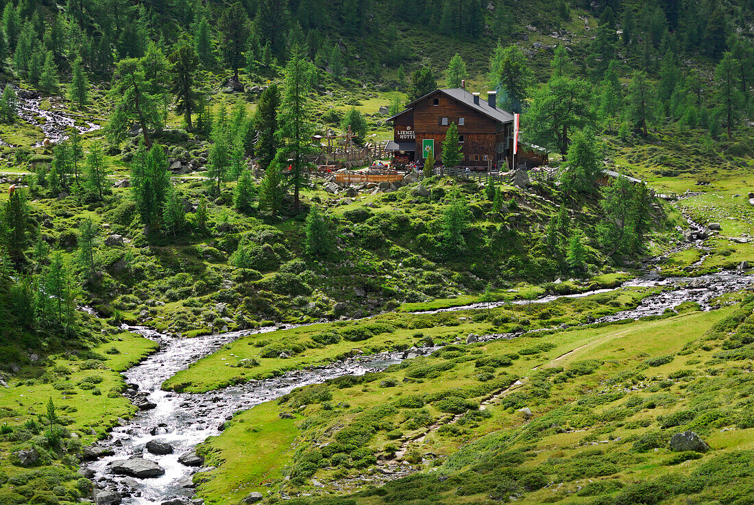 hut Lienzer Huette with stream Debantbach, Schobergruppe range, Hohe Tauern range, National Park Hohe Tauern, East Tyrol, Austria
